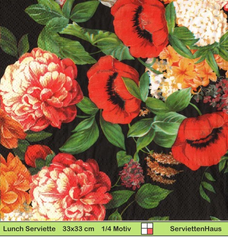 Mohnblumen und Rosen auf schwarz - 1 Lunch Serviette - ganzes Motiv